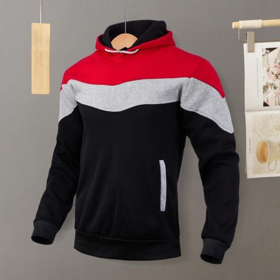 Men Fall Winter Hoodie Colorblock Drawstring Thick Plush Long Sleeves Big Pocket Hooded Retro Thin Loose Daily Wear Casual Sport Top