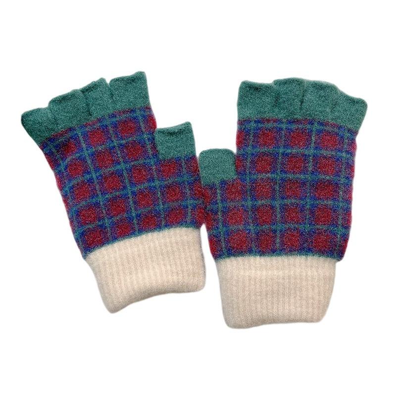 Warm gloves, women's autumn and winter knitted wool, contrasting colors, plaid, velvet, half fingers, half fingers, half fingers, students