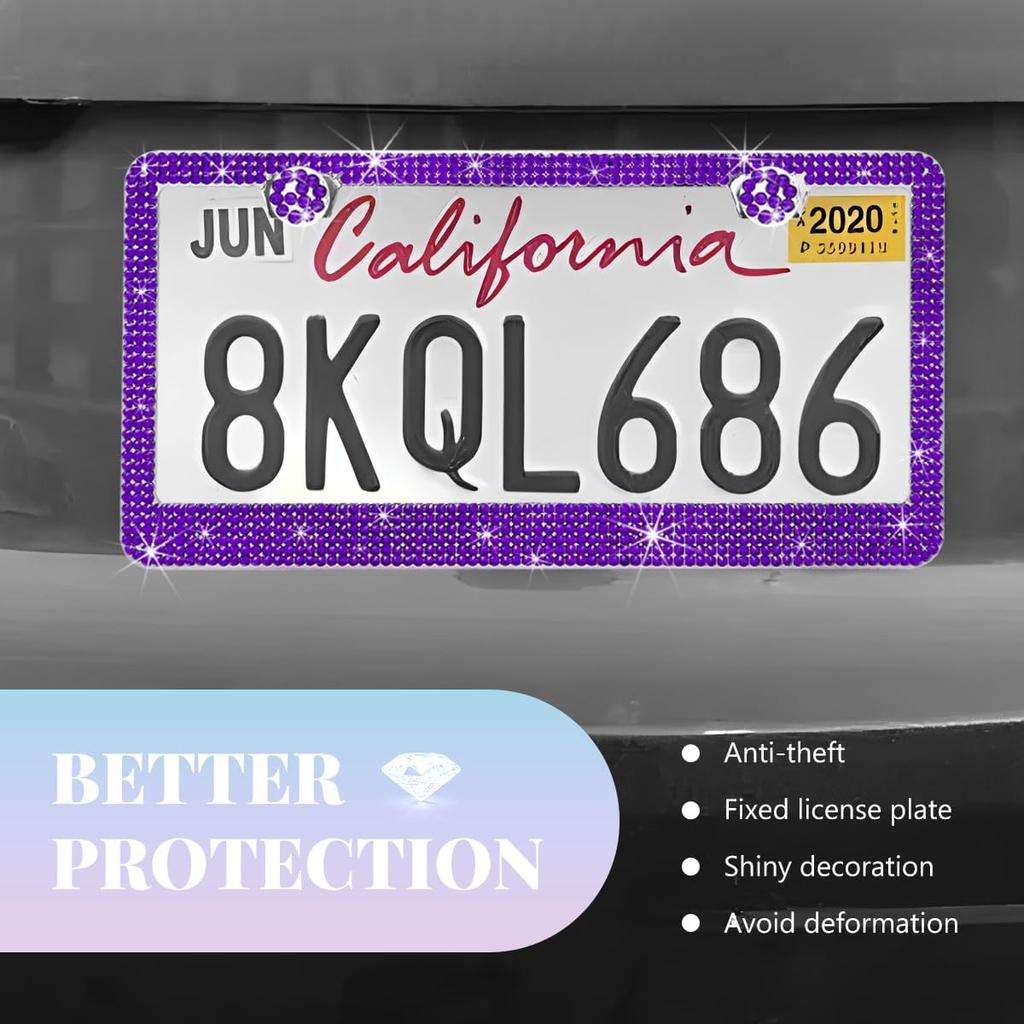Bling License Plate Frame, Sparkly Rhinestone Car Tag Cover with Glittery Screw Caps, Stainless Steel Handcrafted Crystal Licence Plate Holder for