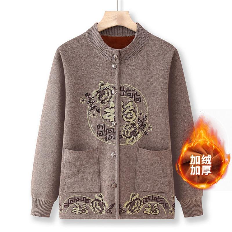 Elderly grandmother sweater women's festive Tang clothing knitted cardigan autumn and winter velvet thickened jacket mother blessing clothes