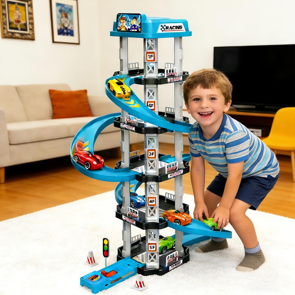 5-Level 3D Parking Garage Track Playset with 2 Cars, 360° Rotating, Drift Tracks, Helipad & Launcher | DIY Assembly Educational Toy
