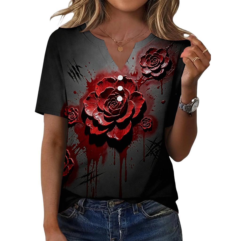 Women's Casual Short Sleeve V Neck Henley Shirt Button Front Halloween Print Lightweight Top for Everyday Wear