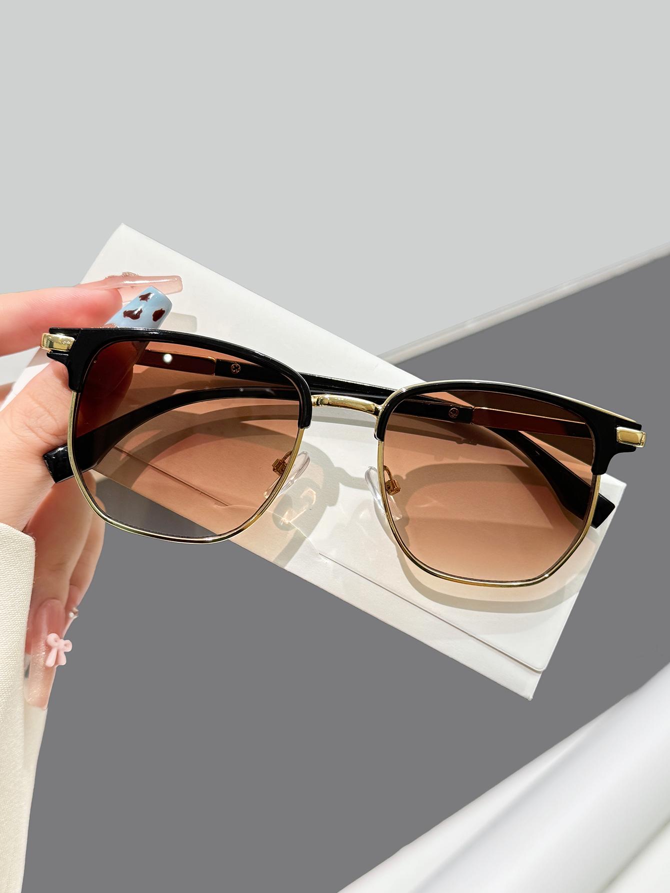 

1Pc Retro Fashion Metal Frame Square Sunglasses with Brown Lenses, Suitable for Street Photography and Vacations