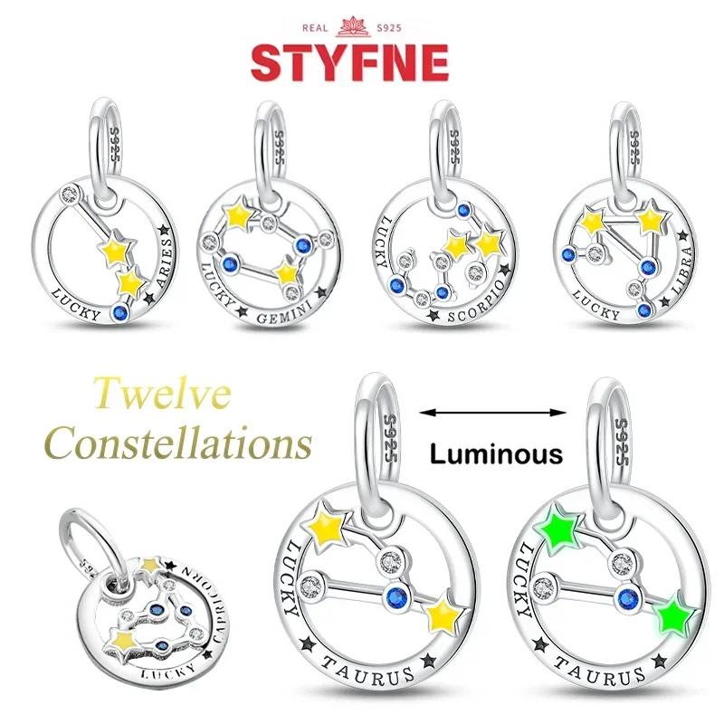 Authentic Copper Twelve Zodiac Sign Set Cartoon Taurus Gemini Star Shape Heart Pendant Bead Charms Compatible With Bracelets Diy Birthday Women Gift