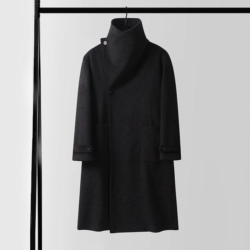 Men's Asymmetrical Long Cashmere Coat with Stand Collar and Belt - Plus Size, Loose Fit Outerwear for Autumn and Winter.