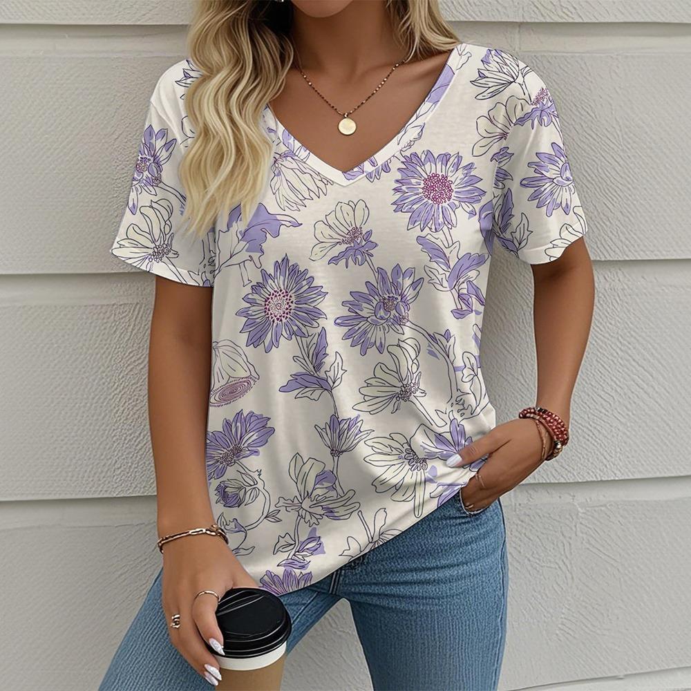 Women's Summer T-shirt Plant Flower Print Retro Fashion Casual Short-sleeved Street V-neck Women's Clothing