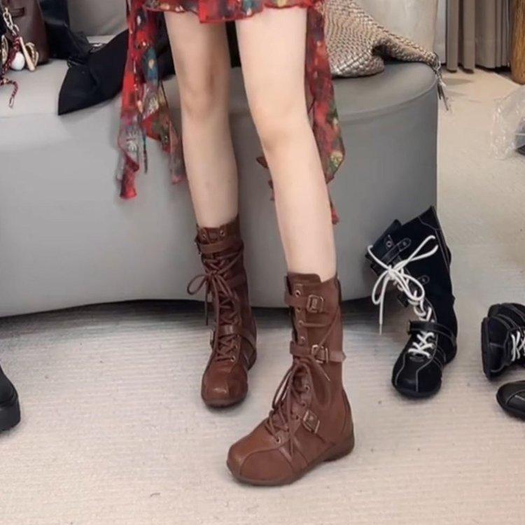 Cowhide version~ 5cm inner height increase thick-soled boxing boots women's upgraded version duck hunting boots belt buckle design Martin boots sho