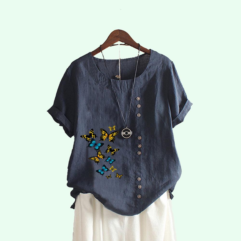 Tricou cu mânecă scurtă cu imprimeu de fluturi la modă pentru femei, ocazional de vară, cu gât rotund, bluze lejere din bumbac