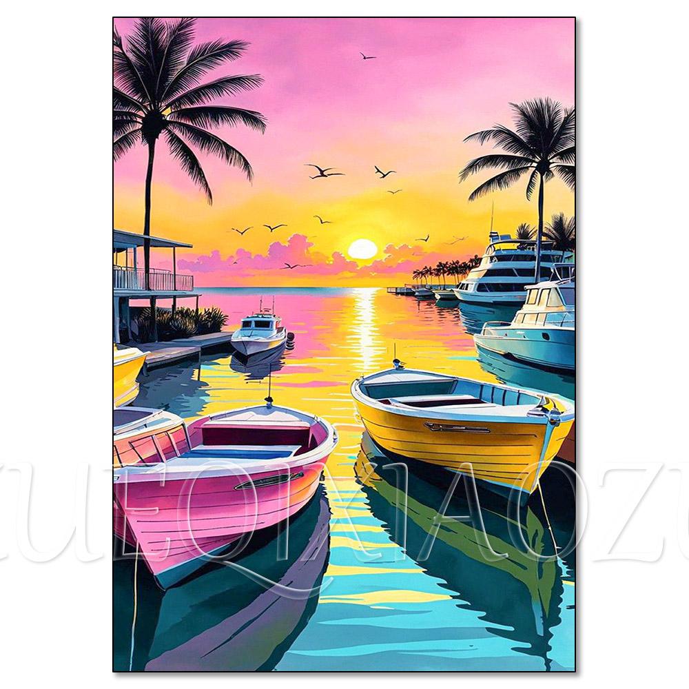 Cactus Sailboat Sunset 5D DIY Diamond Painting Kit Landscape Full Diamond Mosaic Cross Stitch Kit Room Decoration Gift