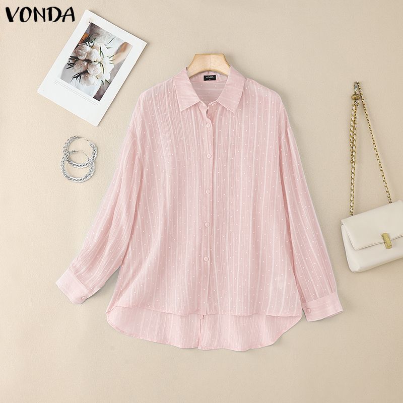 VONDA Women Casual Loose Lapel Neck Long Sleeve Polka Dots Semi-Sheer Blouse Shirts