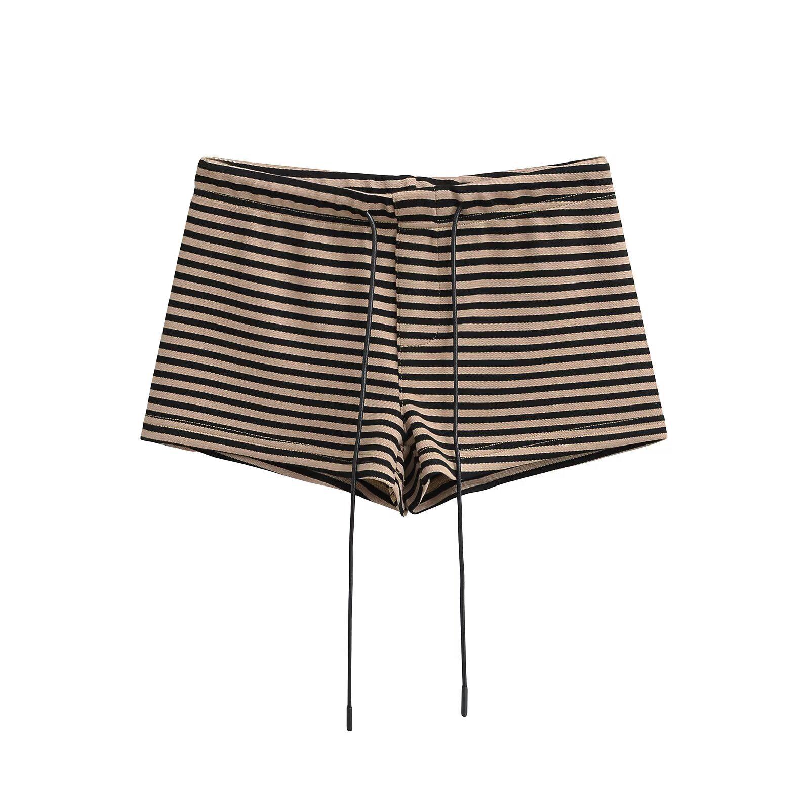 

2025 Spring/Summer Women s Casual Striped Print Tie Shorts Large верблюд