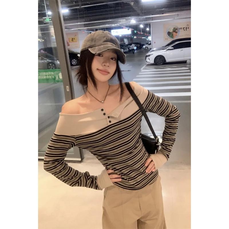 Amerykański Styl Kontrastowy Pasiasty Jednoliniowy Długi Rękaw Jesienny Dopasowany Odkrywający Ramiona Top Bazowy