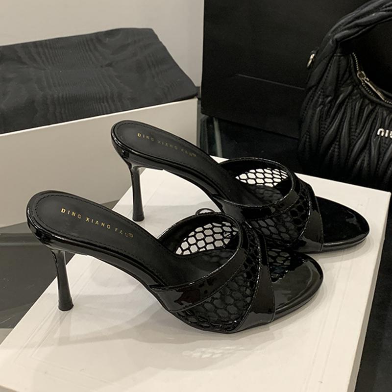 Fashion SUOJIALUN 2025 Summer New Brand Women Slipper Fashion Open Toe Slip On Slides Ladies Elegant Thin High Heel Dress Pumps Slides