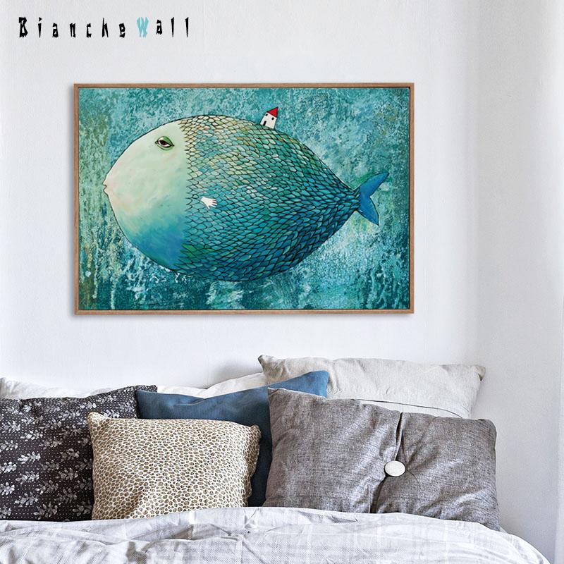 Elegant Poetry Modern Cartoon Nordic Big Fish Small House Canvas Painting Art Print Poster Picture Home Decoration Wall Decor