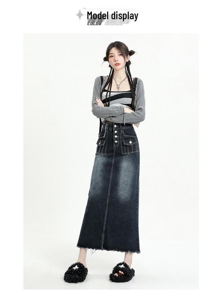 2023 Frühling Damen Retro Denim Ausgefranst Hohe Taille A-Linie Midi-Rock