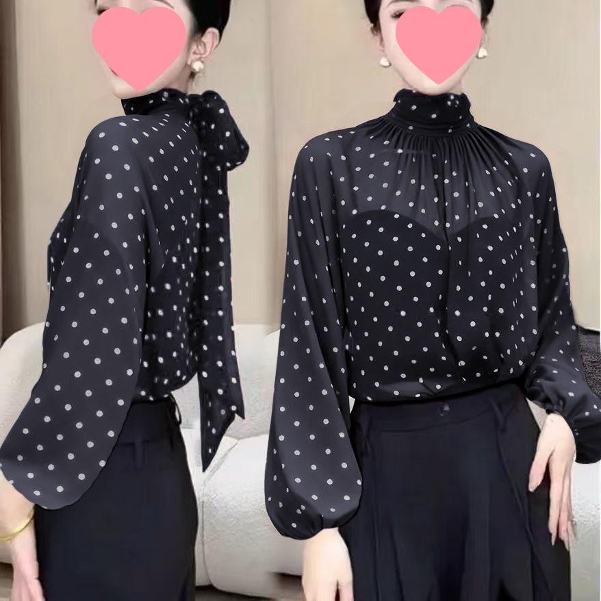 Damen-Oberteil im französischen Stil mit weiten Ärmeln und Pünktchen: Neue Sommer/Herbst Mode, Nischen Design, Elegant & Vielseitig.
