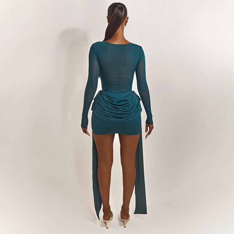 Abito Mini Elegante da Donna a Manica Lunga con Pannello in Rete Trasparente Slim Fit Girocollo Ufficio Casual