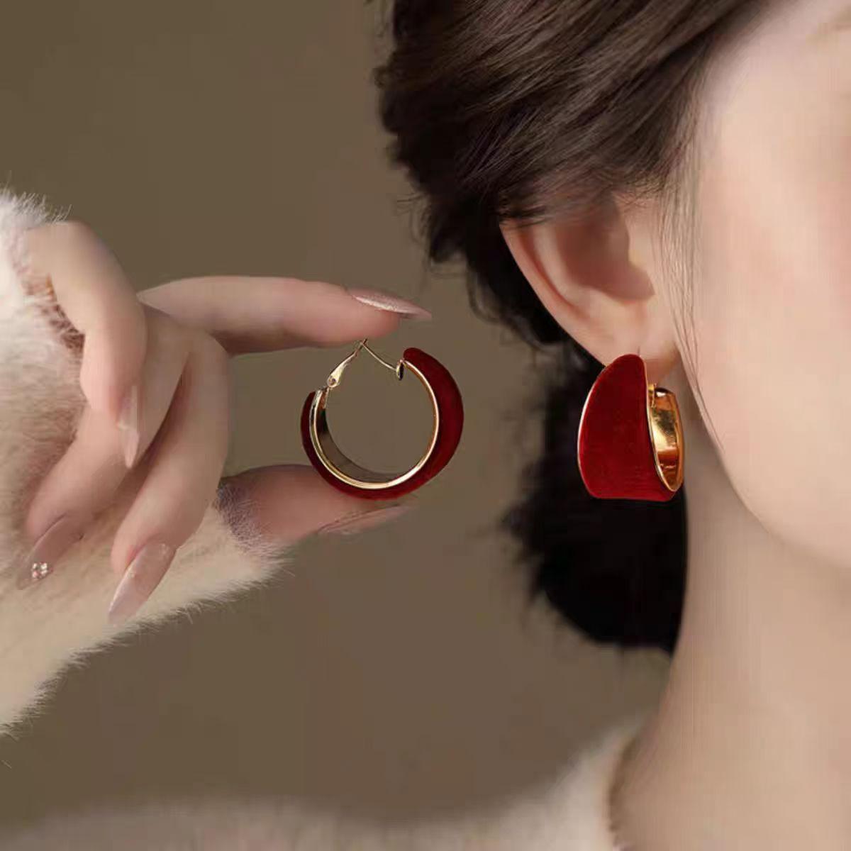 

2026 Luxe Red Velvet Wide Hoop Earrings for Women - Autumn/Winter Fashion Accessory