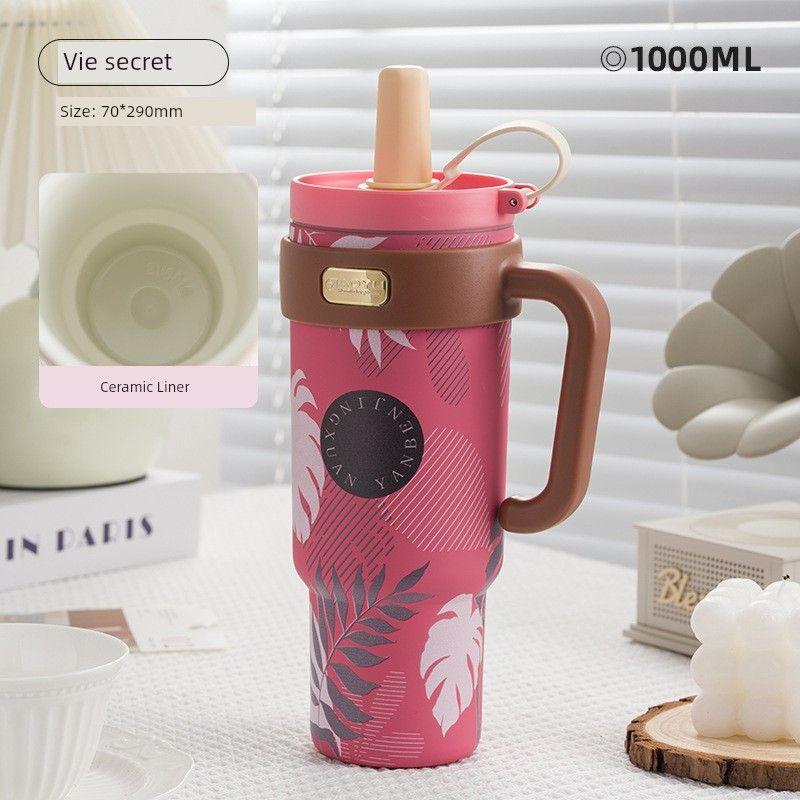 

Desktop Large-Capacity Thermos Cup, Office Water Bottle, Stylish Straw Cup for Girls, 316 Stainless Steel Inner Ceramic Water Cup Red 1000ml