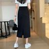 Saia Feminina Preta Cintura Alta Fenda Lateral Comprimento Midi Saia Feminina Elástica Slim Linha A Retrô Elegante Versátil Simples Moda