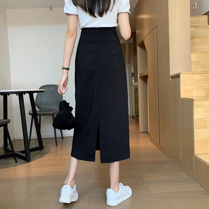 Saia Feminina Preta Cintura Alta Fenda Lateral Comprimento Midi Saia Feminina Elástica Slim Linha A Retrô Elegante Versátil Simples Moda