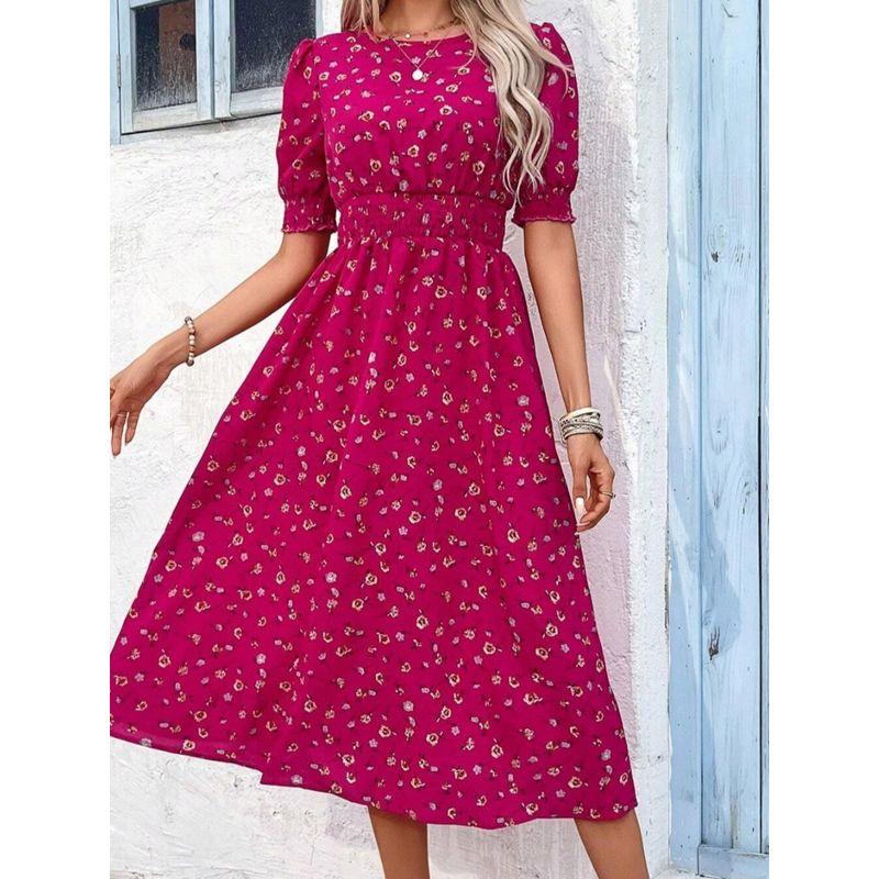 Sweet Summer New Arrival European Fashion Round Neck Small Floral Elastic Waist Tight Waist Puff Short Sleeve Mid Length Long Length Dress