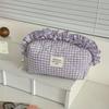 Lace checkered makeup bag, Ins minimalist niche style, high-value large-capacity cosmetic pouch, portable for travel and daily use.