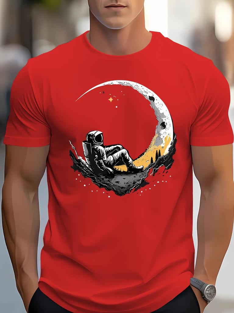 Large casual loose T-shirt, men's moon print, round neck short sleeved sports T-shirt,