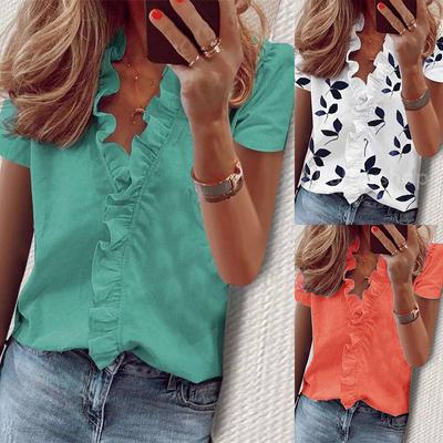 Loose Ladies Blouse Womens Blouse T Shirt Pure Tops Short Sleeve V Neck