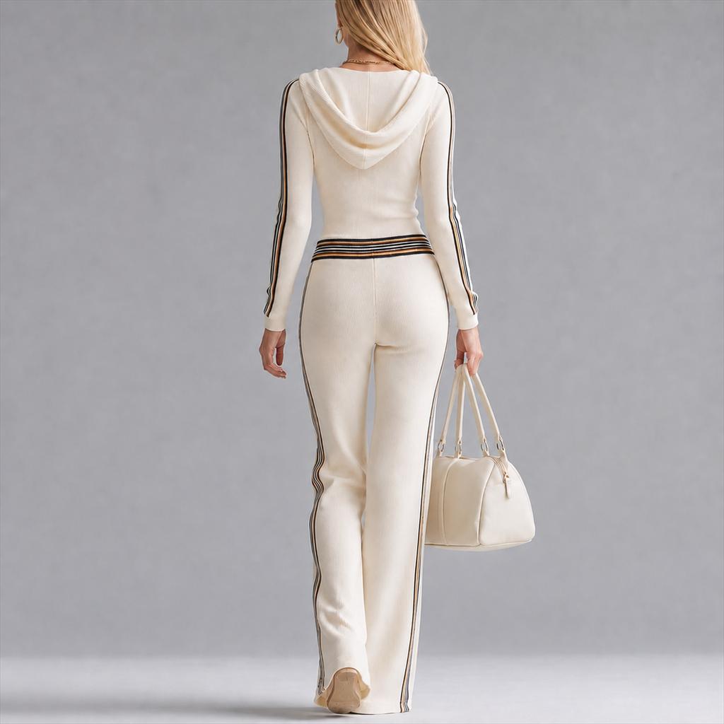Winter Contrasting Splicing Stripe Knitted Long Sleeved Hooded Jumpsuit