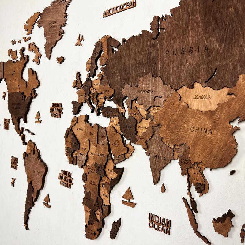 3D Wooden World Map – Handmade Wall Art For Home & Office Decor - Dark Brown
