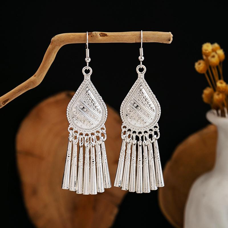 Imitation Miao Silver Ethnic Long Leaf Tassel Dangle Earrings