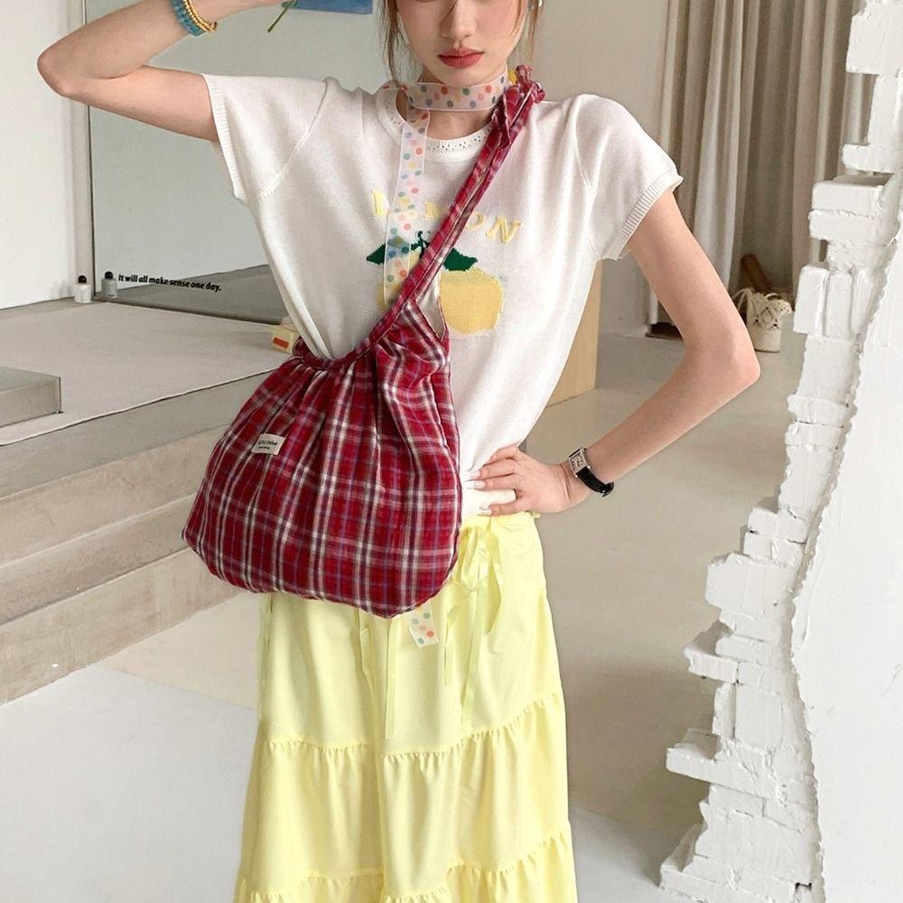 Retro Korean Style Plaid Crossbody Bag Prined Lightweight Pleated Shoulder Bag Large Capacity Canvas Dumpling Bag Daily