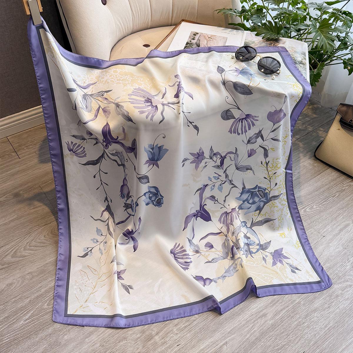 

Шелковый шарф женский с цифровой печатью, шаль из искусственного шелка, весенне-осенний, женские квадратные шарфы 90, легкая роскошь, мода, универсальный 90*90 фиолетовый