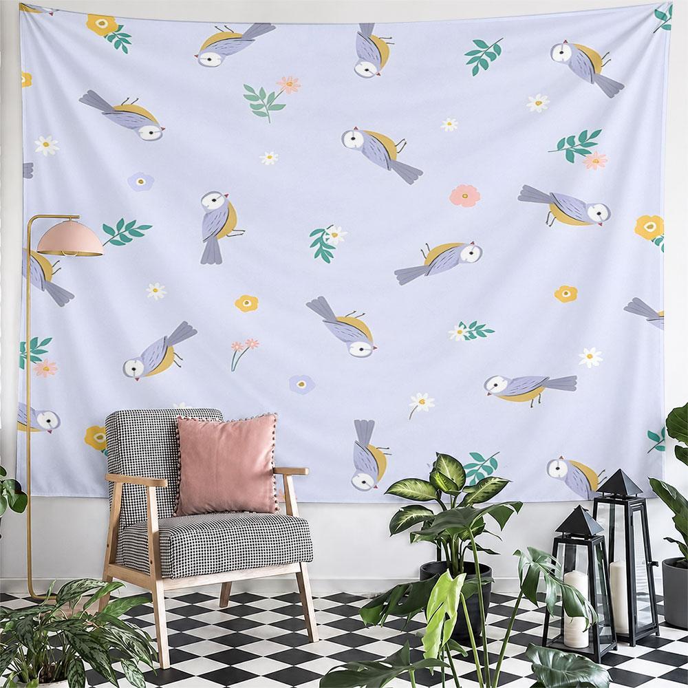 Pastel Birds and Floral Pattern Pattern Wall Hanging Tapestry Decorative Tapestry Home Decor for Bedroom and Living Room