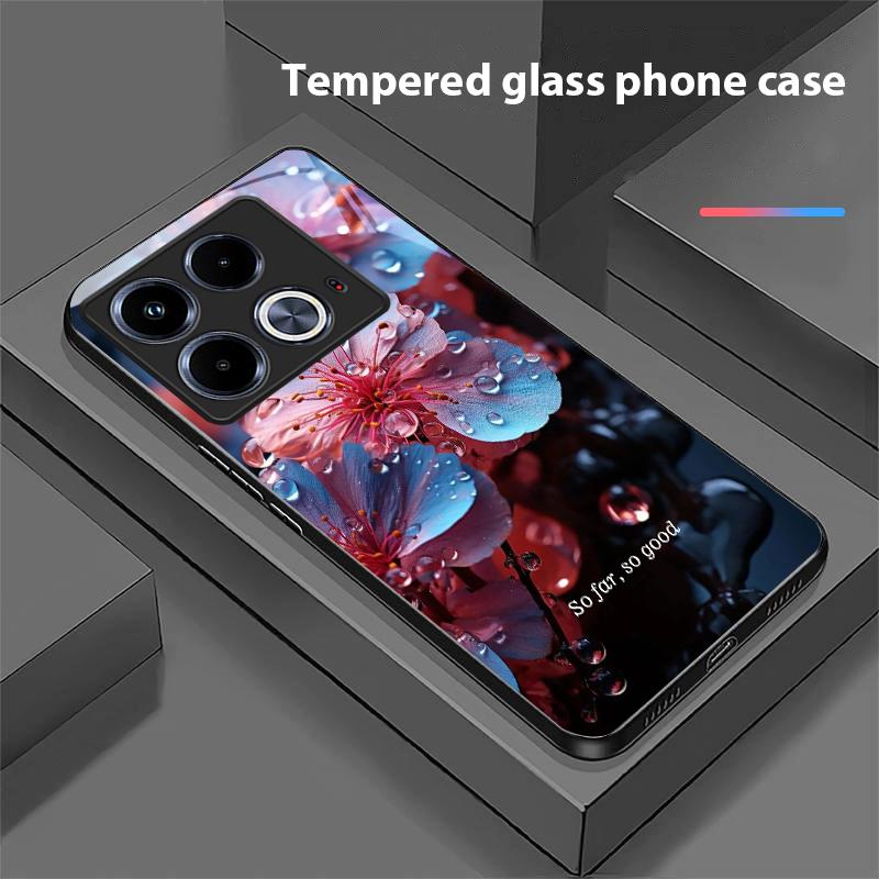 Blue Flower Element For Infinix Note 40 4G 30i 12 G96 Smart 8 Hot 9 Play 10 11S 12 20i 50 Pro Plus 5G Tempered Glass Phone Case