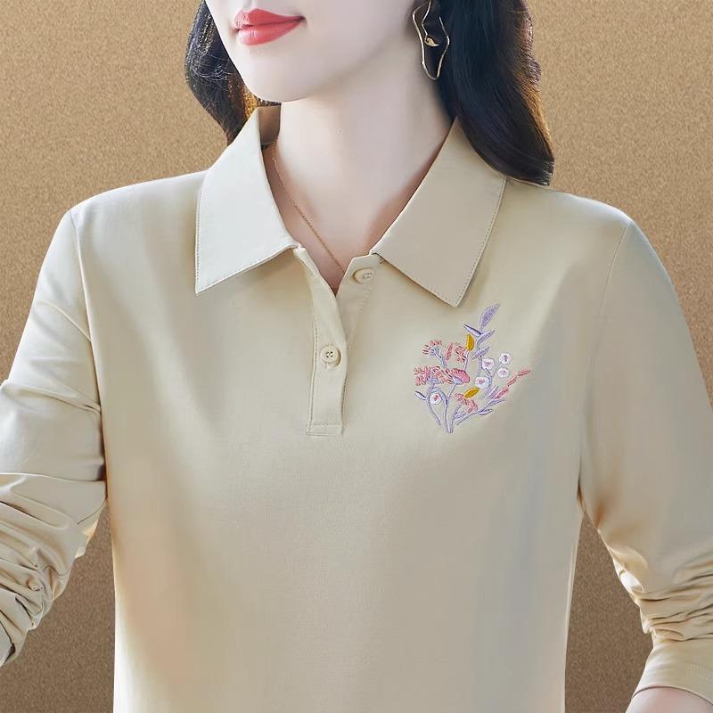Altersreduzierendes Mutter-Poloshirt Bestickt Langärmlig Damen Herbst Neu T-Shirt Temperament Vielseitig Lässig Vielseitiges Oberteil