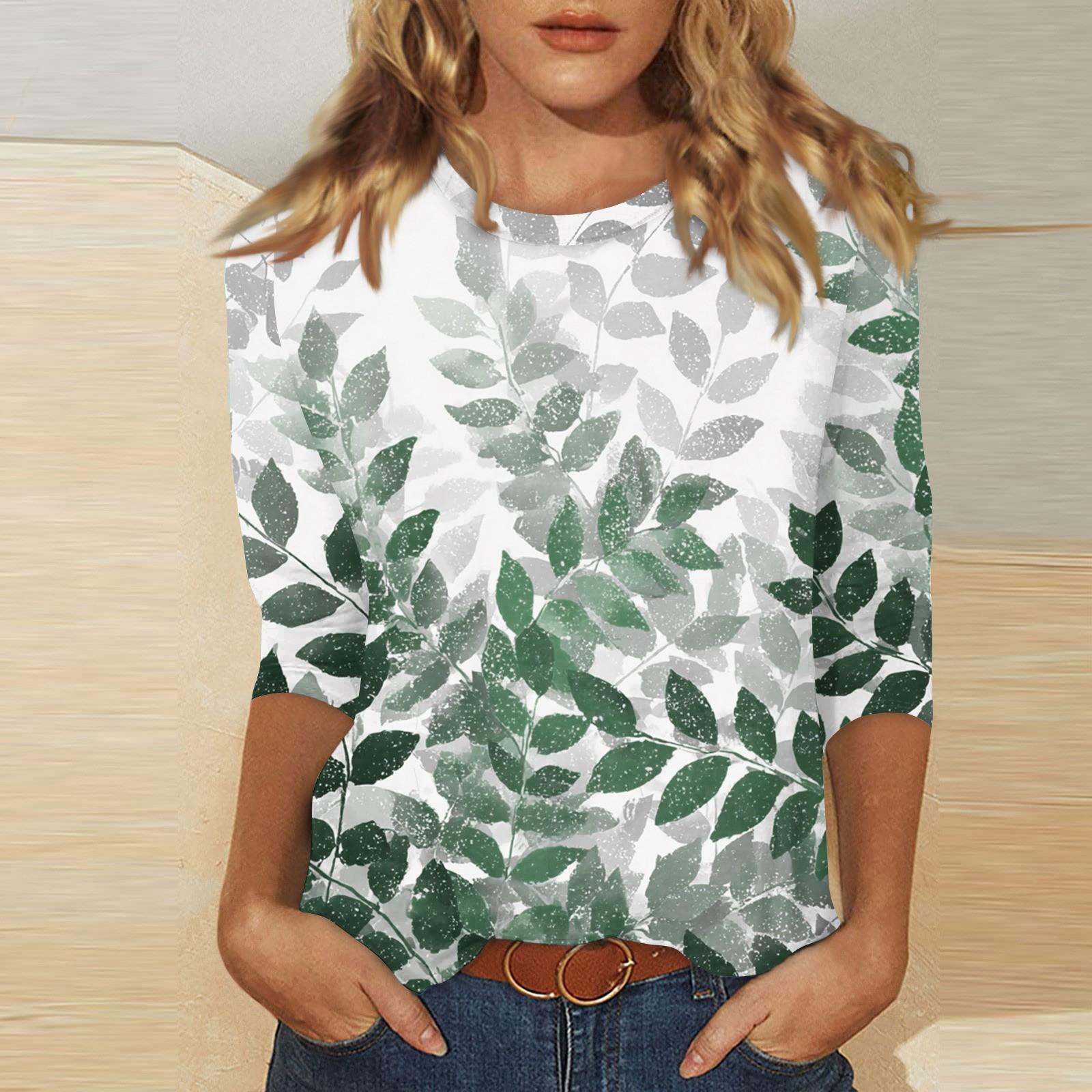 

Women s Fashion Casual Round Neck 3/4 Sleeve Loose Printed T-Shirt Ladies Top XXXL зелений