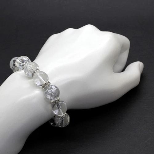 Ishiki Natural Quartz Crystal 16mm Silver Carved Four Divine Beasts Quartz Crystal 16mm Prayer Bead Bracelet for Money, Career, and Wealth (b329)