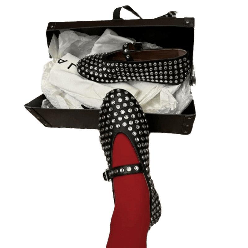 Versiune piele de vacă~ Pantofi unici Mary Jane cu toc plat și confortabil pentru dans de balet pentru femei cu nituri cu strasuri cu cap rotund din piele