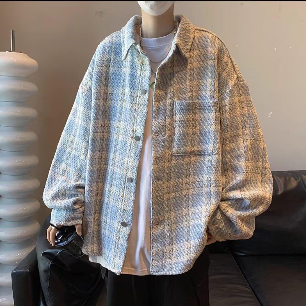 Men s High-End Plaid Lapel Jacket - Hong Kong Style, Loose, Casual, Plus Size, Spring/Autumn Large синий