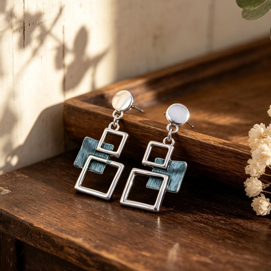 Hollow Square Enamel Stud Earrings Multi-layer Irregular Geometric Earrings Commuter Versatile Light Luxury Earrings