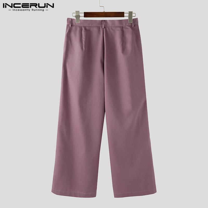 INCERUN Men Zip-up High Waist Pleating Casual Long Wide Legs Pants Trousers
