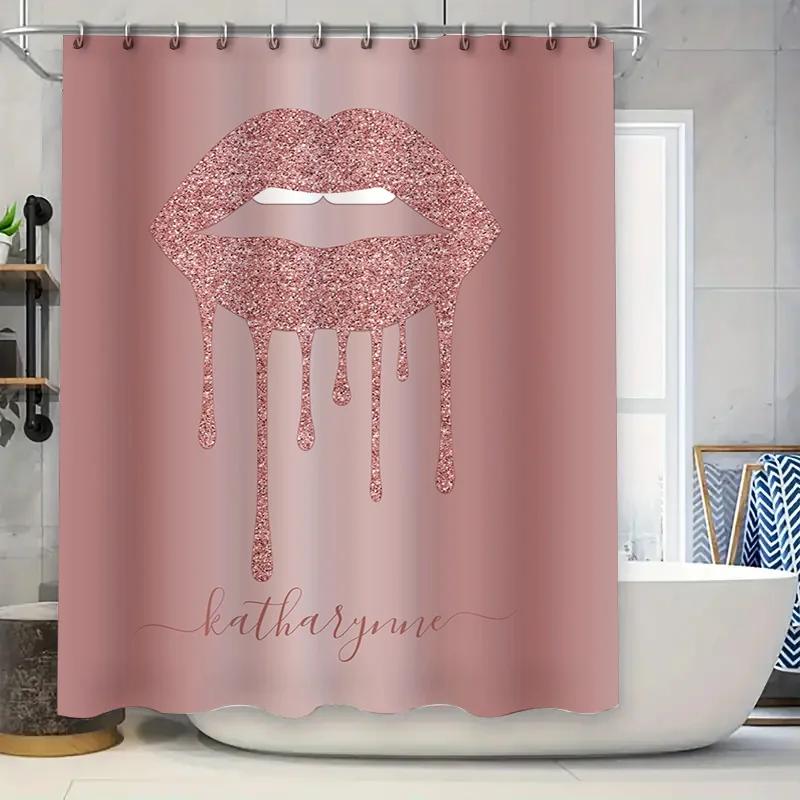 

Luxury Glitter Lip Print Shower Curtain Set For Bathroom Decor Pink Rose Gold Metal Hook With Custom Name Monogram Gift W60H190(CM)-1 Pcs