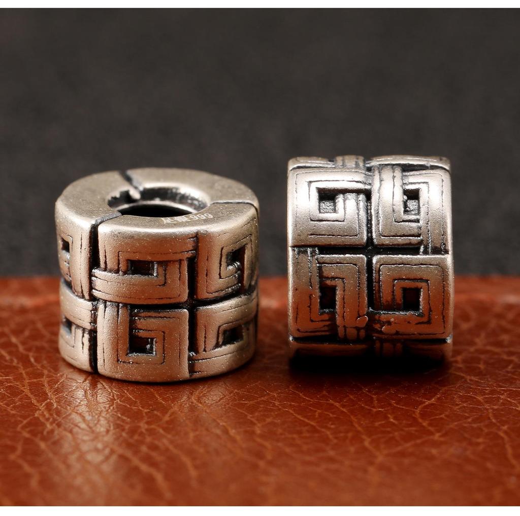 S999 Sterling Silver Woven Square and Barrel Spacer Beads - Retro Lu Lu Tong DIY Braiding Accessories