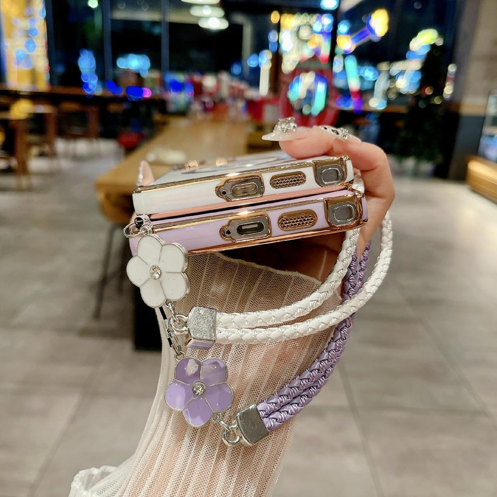 Pro Samsung Galaxy S25 Ultra Magnetické pouzdro s pleteným popruhem Růžový květ Elektroplátovaný TPU kryt na telefon