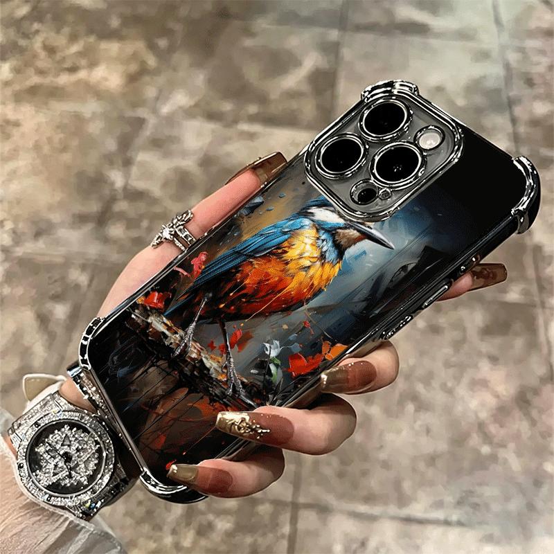Bird Oil Painting Style Plating Phone Case For Iphone 16 17 Pro Max Air 16E 14 15 Plus 12 13 Mini Anti-Fall Airabag Cover