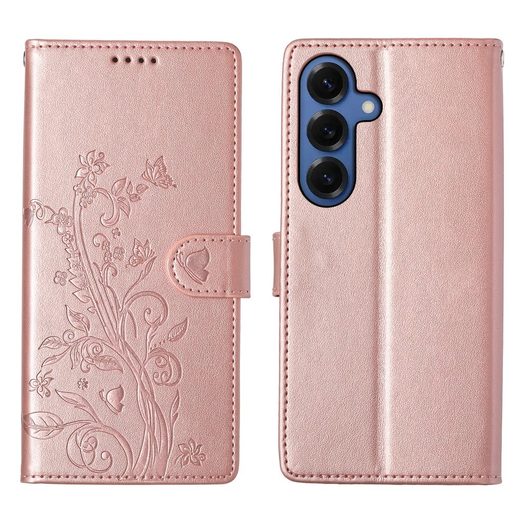 For Samsung Galaxy S26+ Wallet Case Butterfly Floral Imprint PU Leather Phone Cover with Wrist Strap