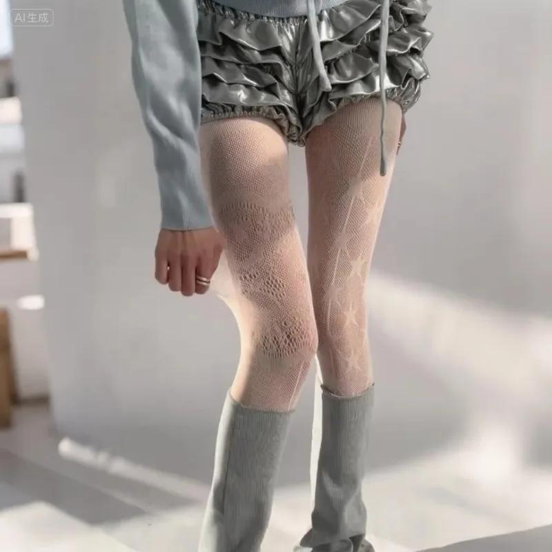 Punk Style Floral Tights Mesh Fishnet Stockings Women Tights Lingerie Ab Asymmetric Star Vintage Pantyhose Jk Lolita Stocking