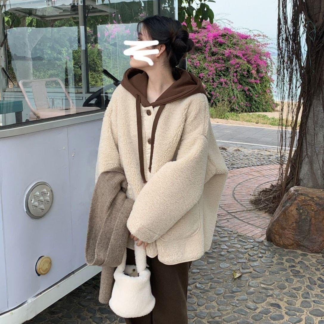 

Зимние пальто с капюшоном, женская модная куртка из овечьей шерсти, кардиган с капюшоном, пальто средней длины, свободное флисовое пальто L абрикосовый